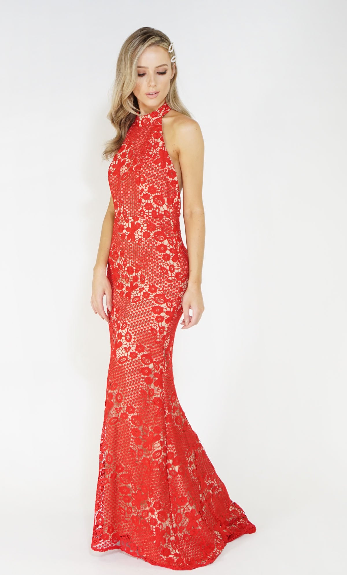 Red & Nude Halter Neck Lace Long Dress