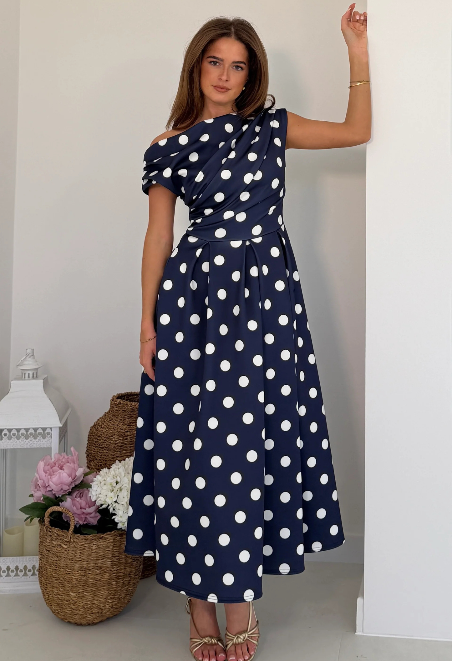 Betty Asymmetric Polka Dot Midi Dress