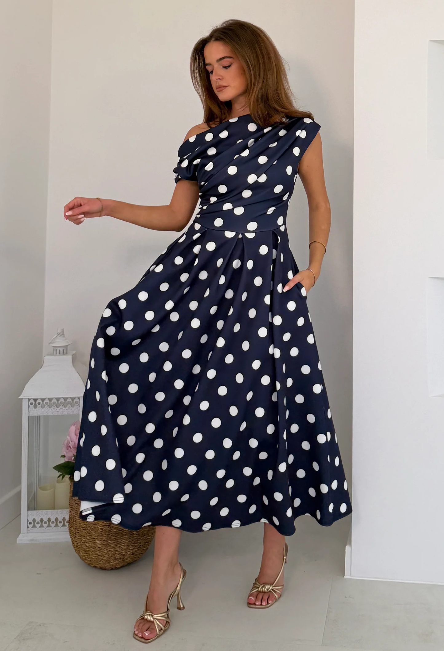 Betty Asymmetric Polka Dot Midi Dress