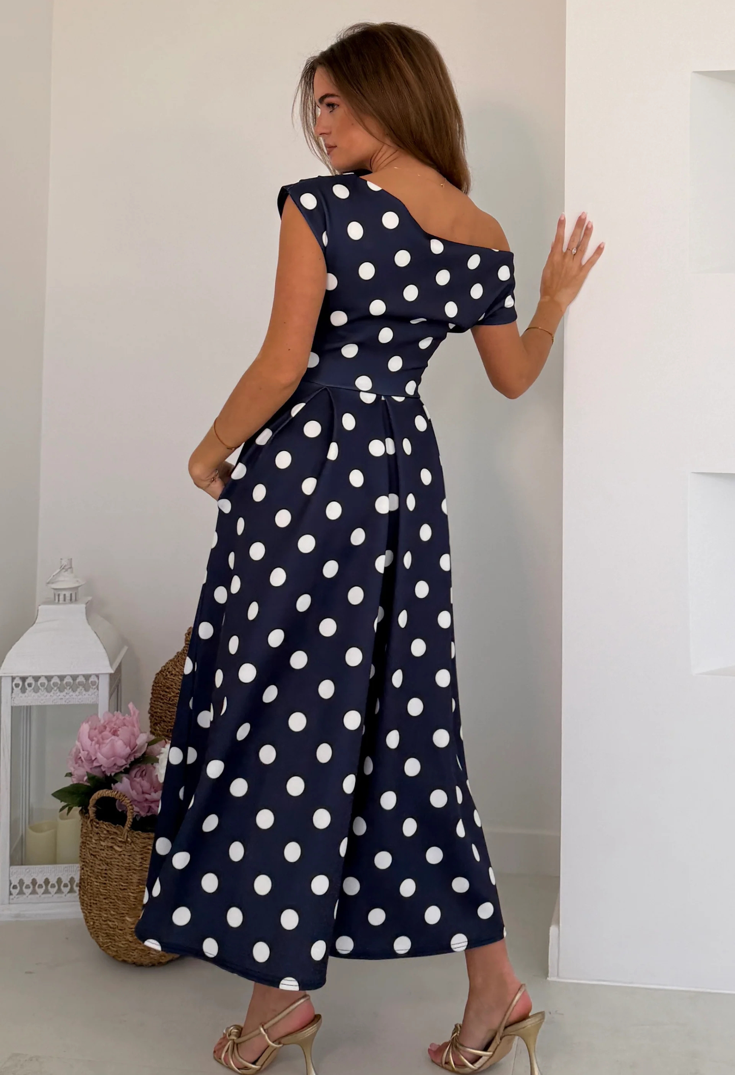Betty Asymmetric Polka Dot Midi Dress