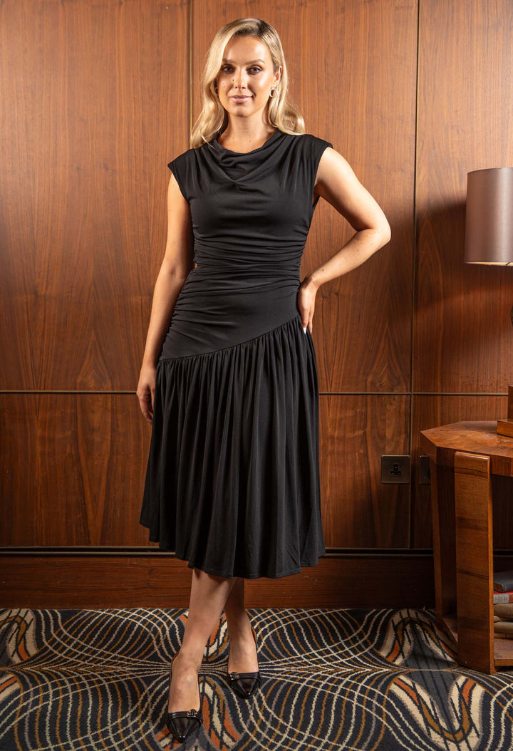Ruched Asymmetric Midi Dress