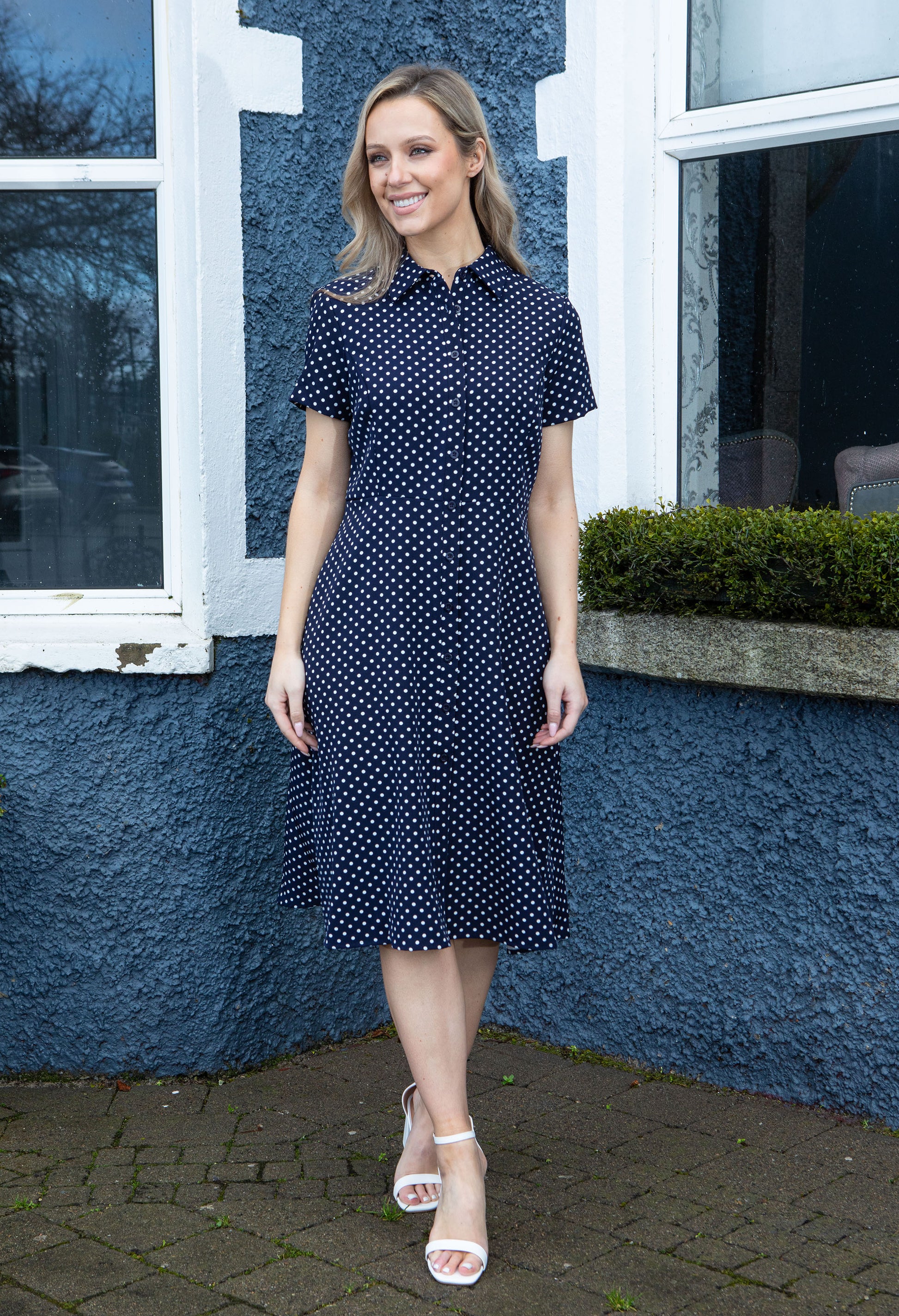 navy blue polka dot dress white collar Vintage 1960s Navy Polka Dot Dress with White Sailor Collar Size M