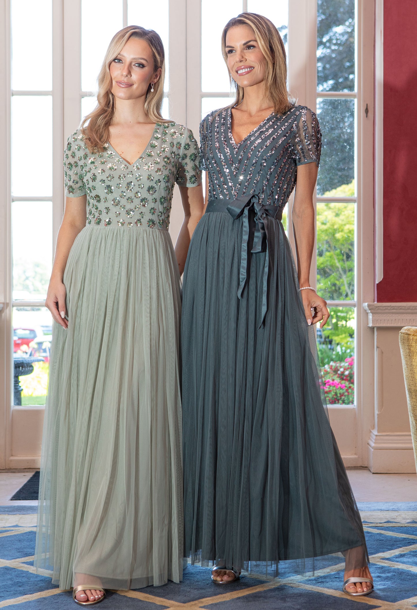 V Neck Sequin and Tulle Dress with Tie Waist