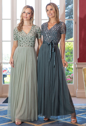 V Neck Sequin and Tulle Dress with Tie Waist