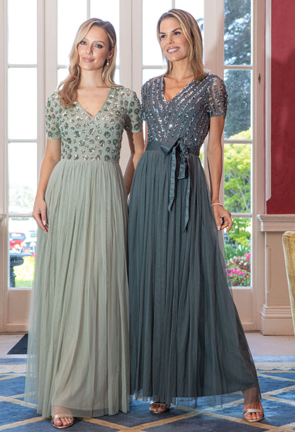 V Neck Sequin and Tulle Dress with Tie Waist