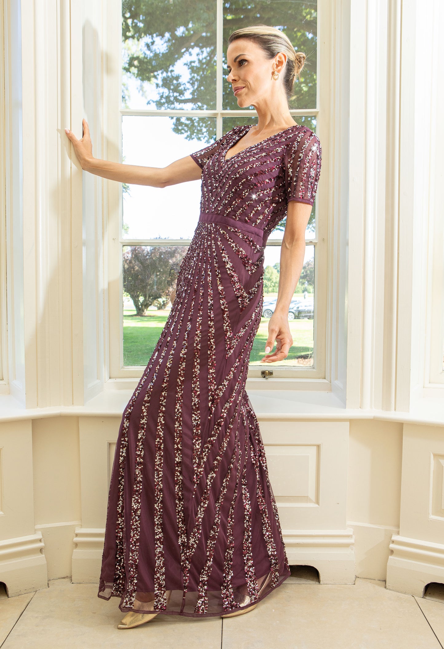 Short Sleeve Stripe Embellished Maxi Dress