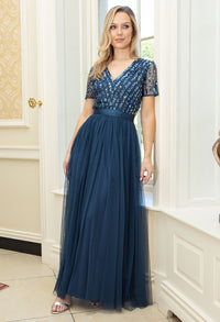 STRIPE EMBELLISHED MAXI DRESS WITH SASH BELT
