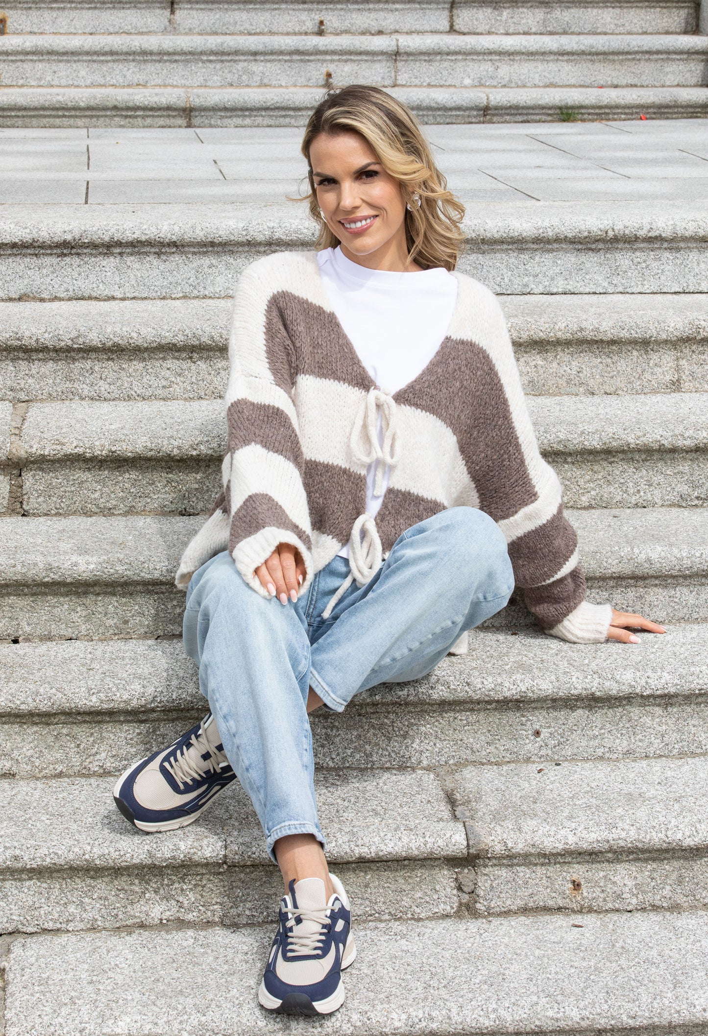 Striped Tie Front Knit Cardigan