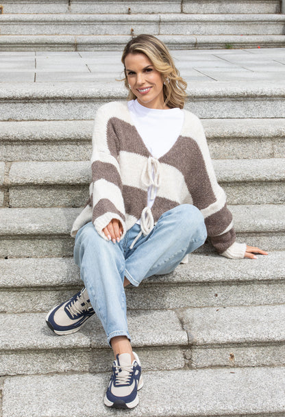 Striped Tie Front Knit Cardigan