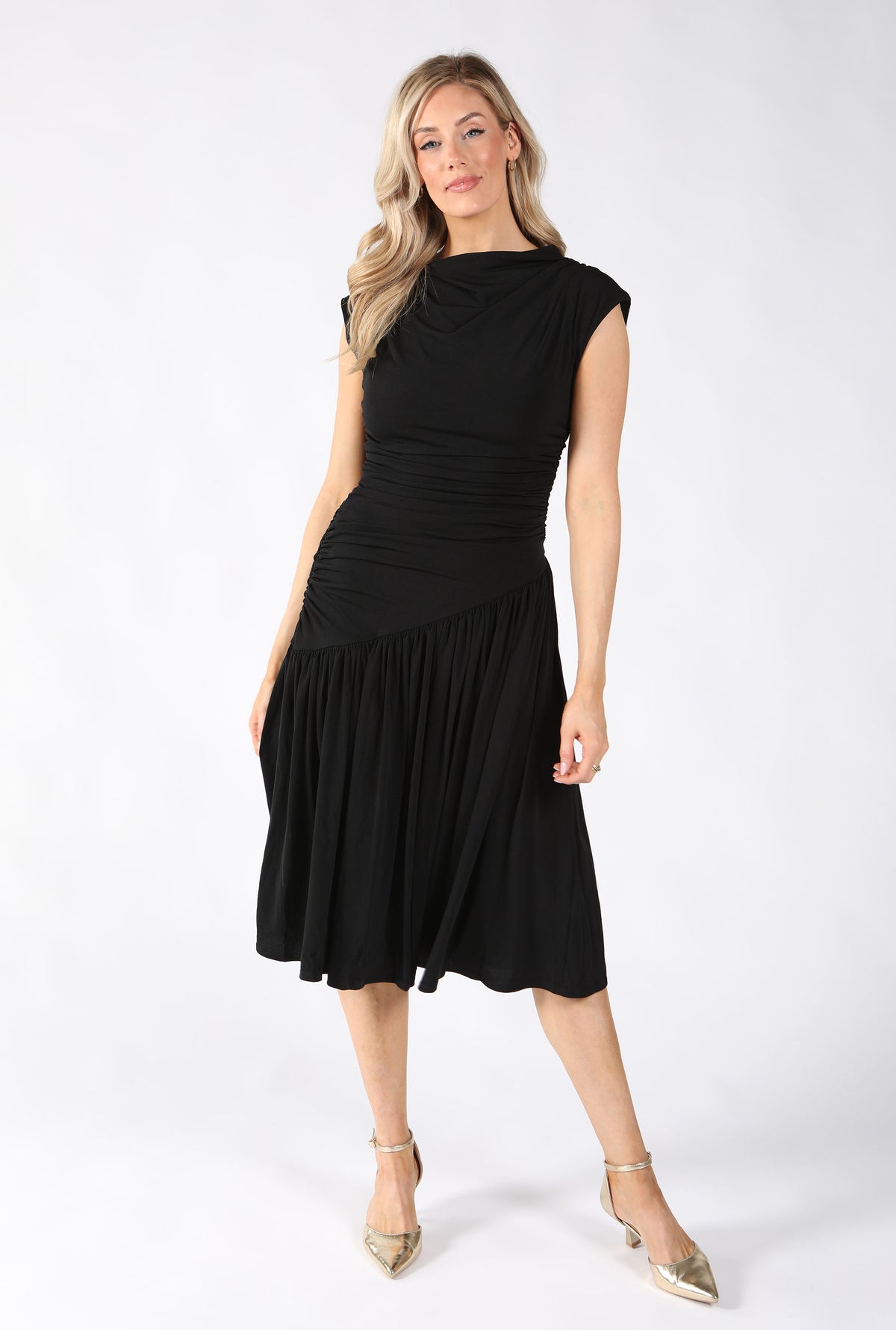 Ruched Asymmetric Midi Dress