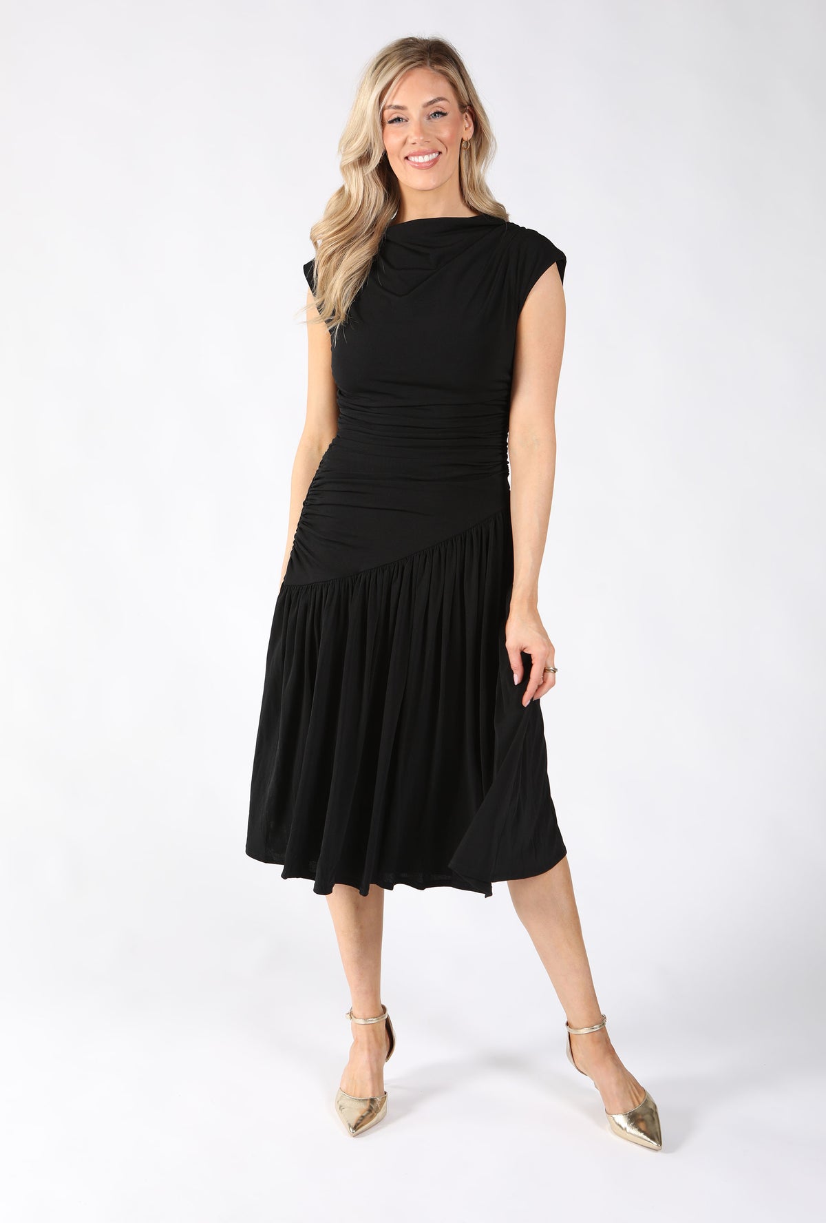 Ruched Asymmetric Midi Dress
