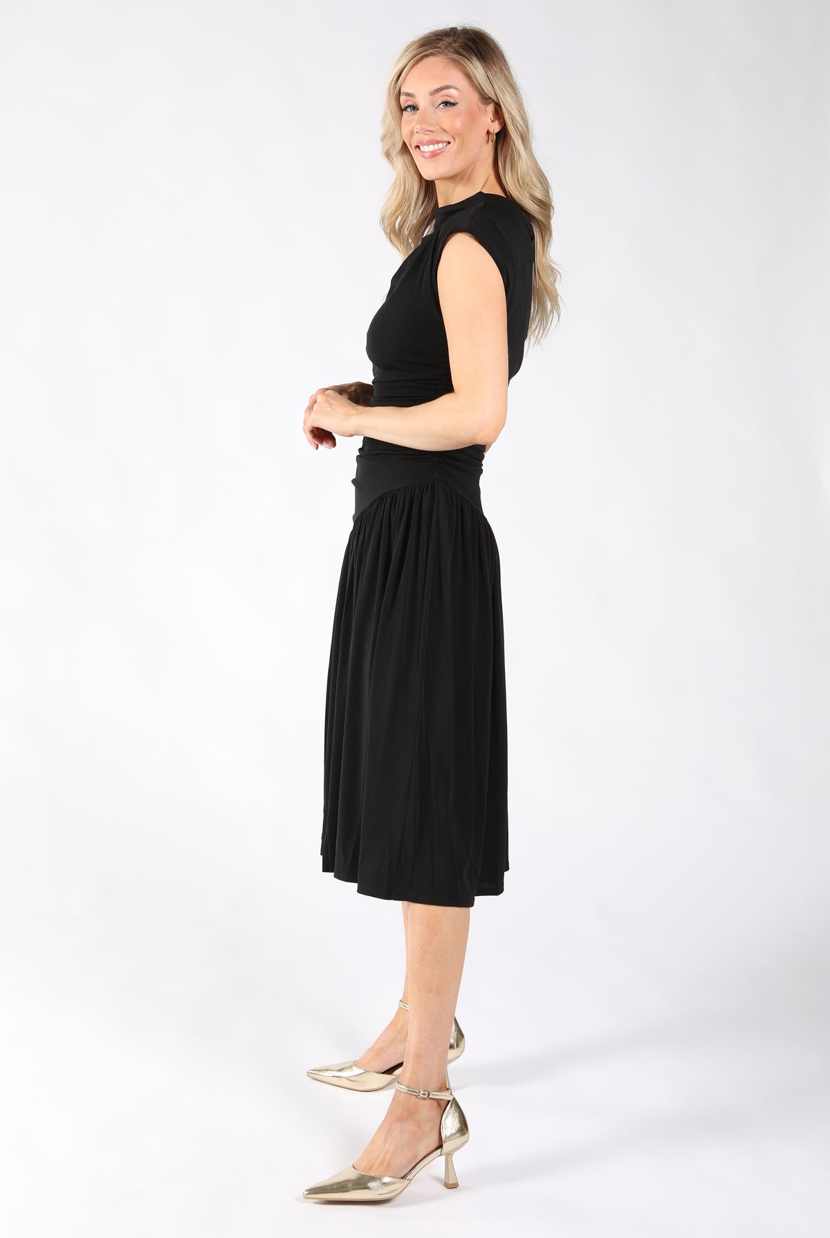 Ruched Asymmetric Midi Dress