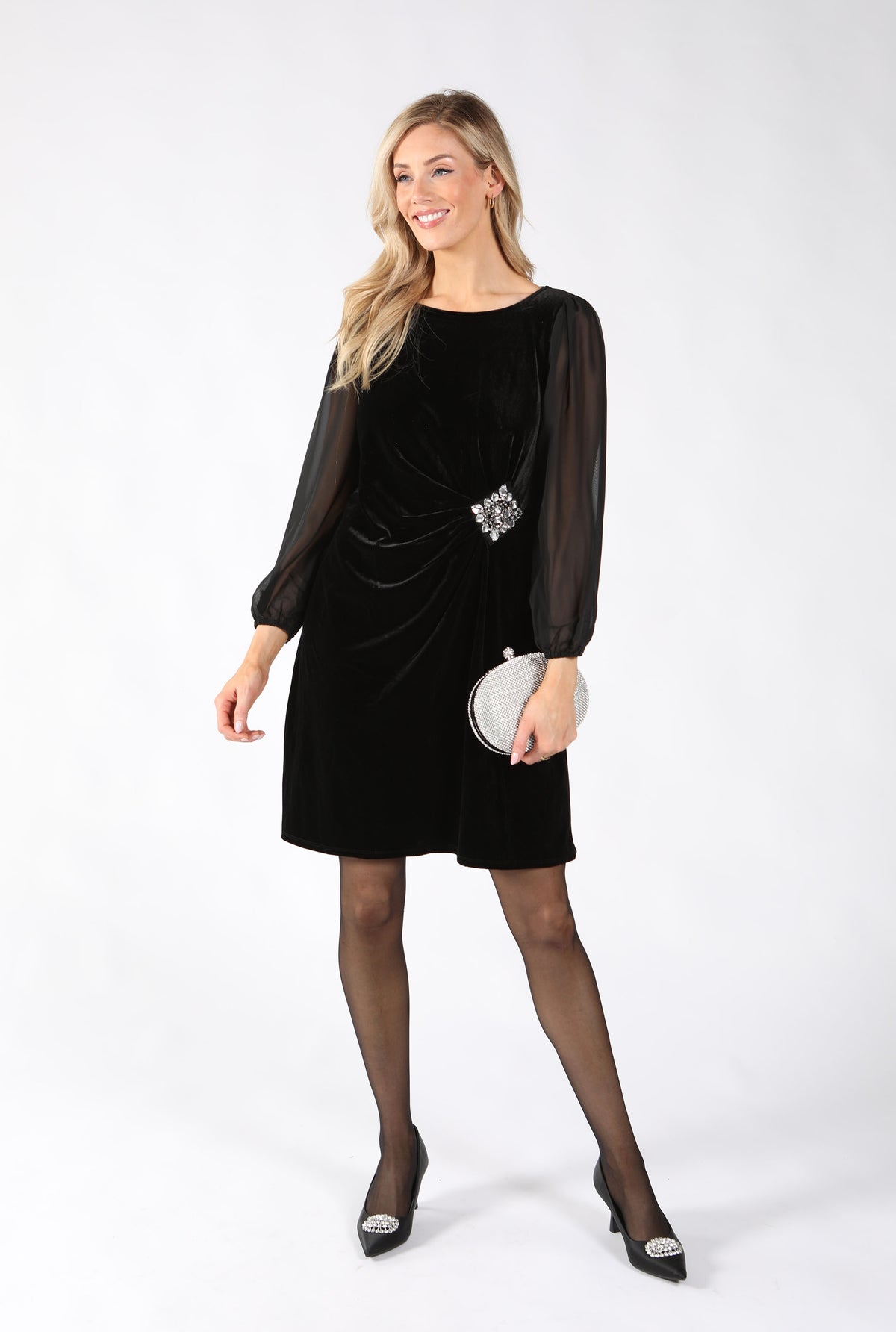 Diamante Brooch Velvet Dress