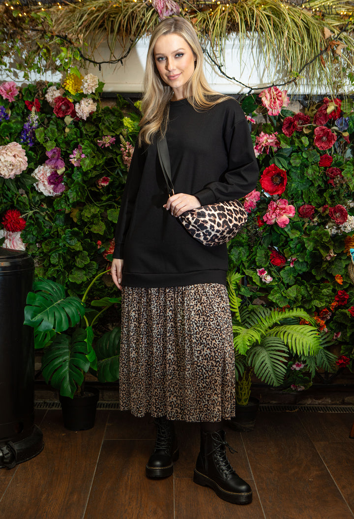 Sweater Dress with Mesh Leo Print Skirt