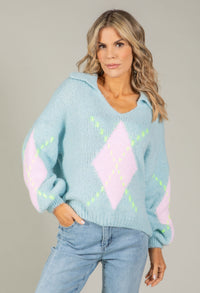 Argyle Design V-Neck Knit Jumper