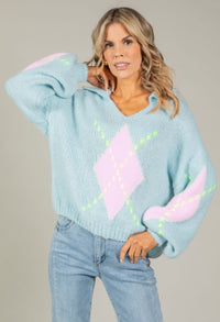 Argyle Design V-Neck Knit Jumper