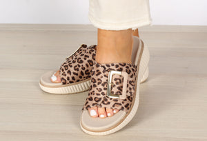 A pair of leopard print slip-on sandals with buckle detail and open toe, worn by a person standing on a light wooden floor.