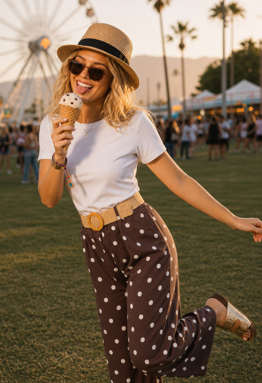 Woman wearing a white t-shirt and navy polka dot pants on a white background