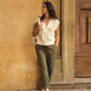 High waist barrel trousers with button detail