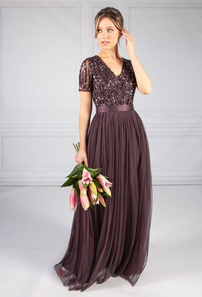 Dark Purple V Neck Sequin and Tulle Dress with Tie Waist
