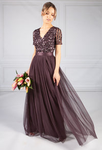 Dark Purple V Neck Sequin and Tulle Dress with Tie Waist