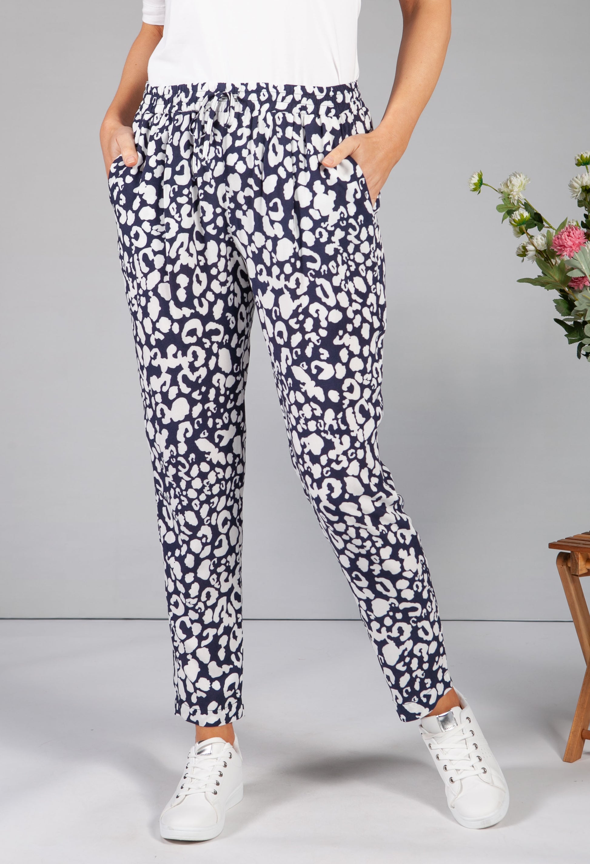 Sophie B Navy Leopard Print Trousers Pamela Scott
