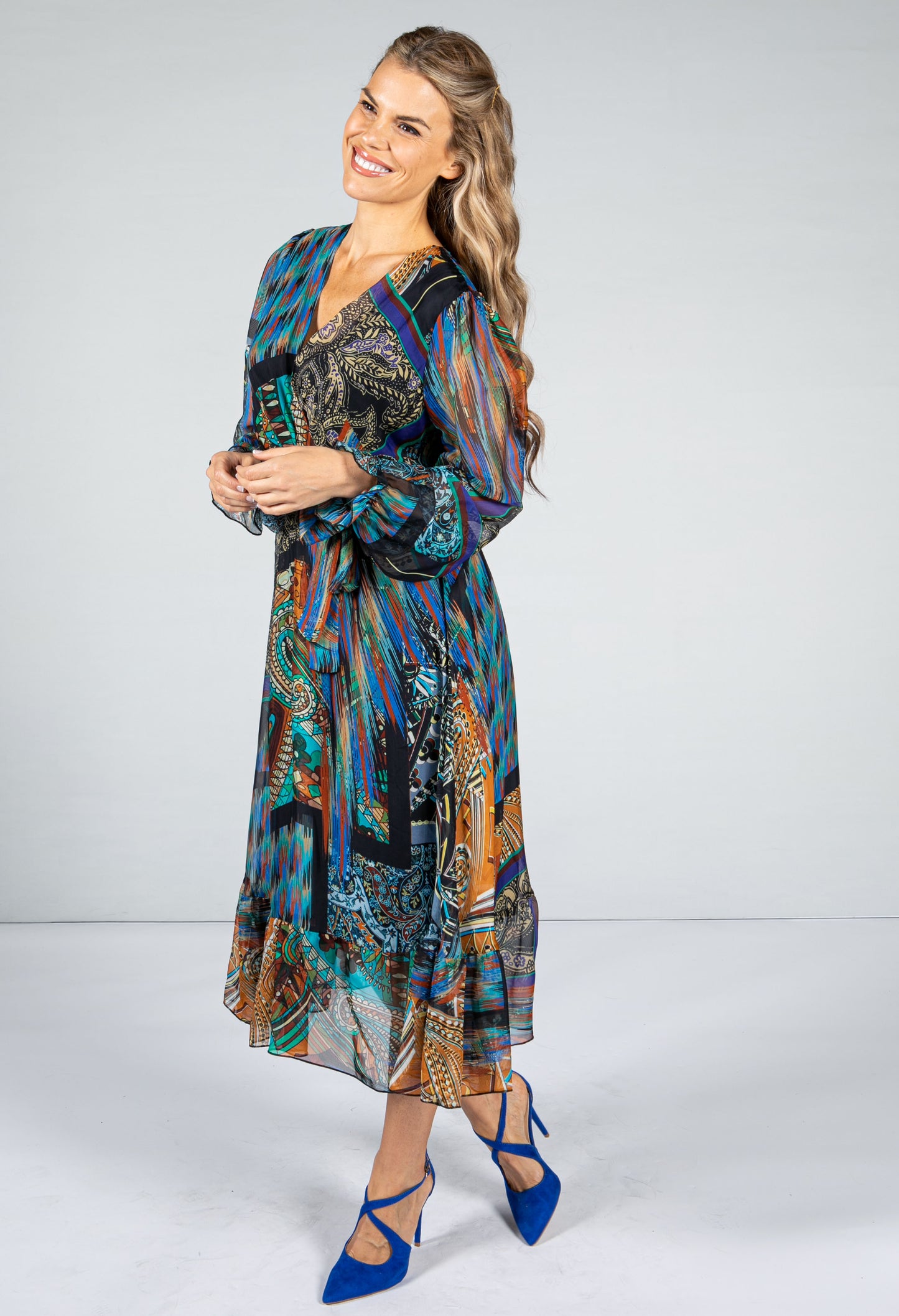 70's Inspired Printed Silk Mix Dress