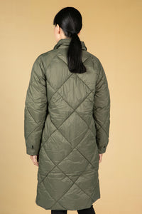 Hoodless Quilted Long-Line Coat in Khaki Green