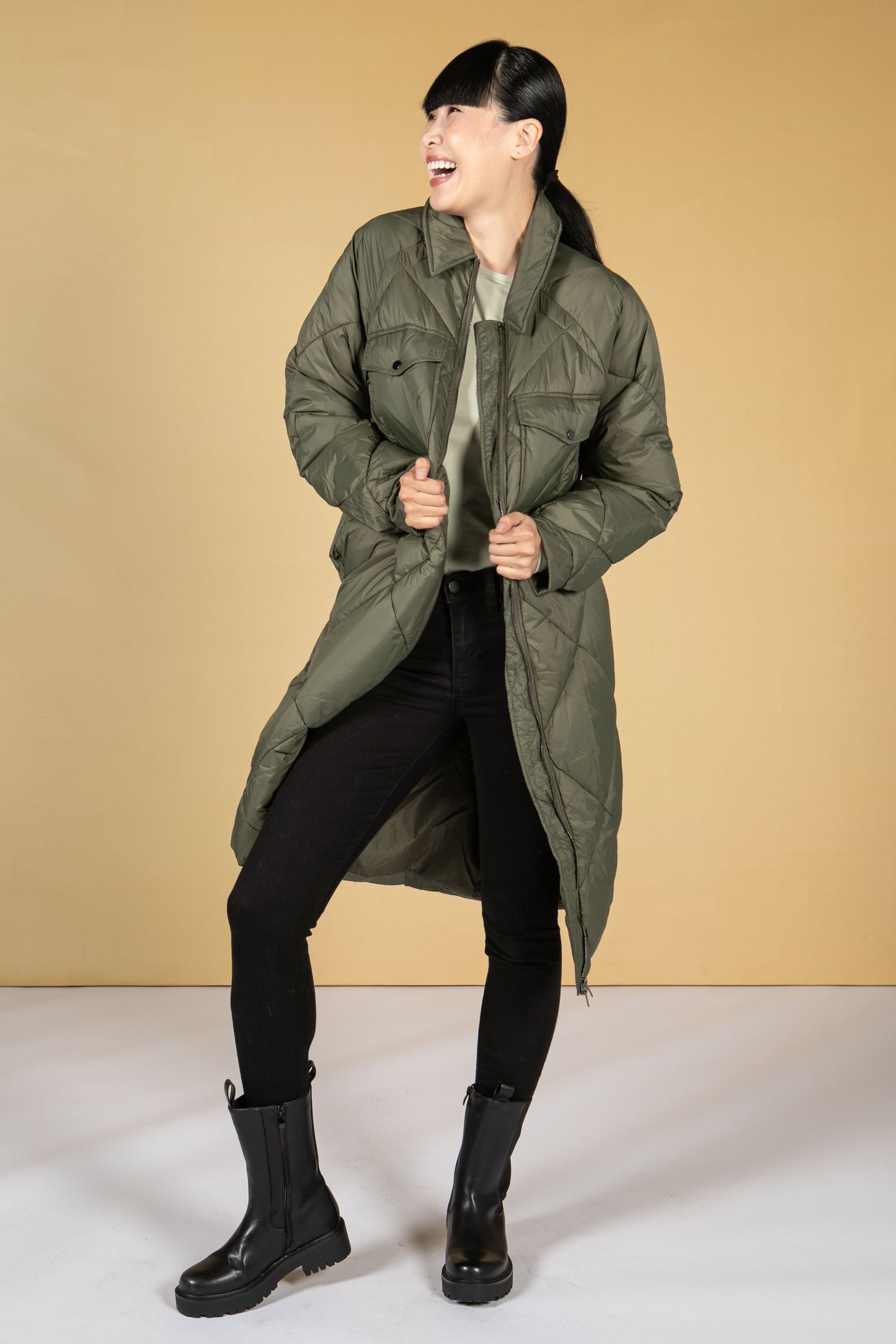 Hoodless Quilted Long-Line Coat in Khaki Green