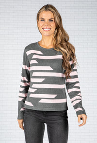 Grey and Rose Stripe Design Knit Pullover