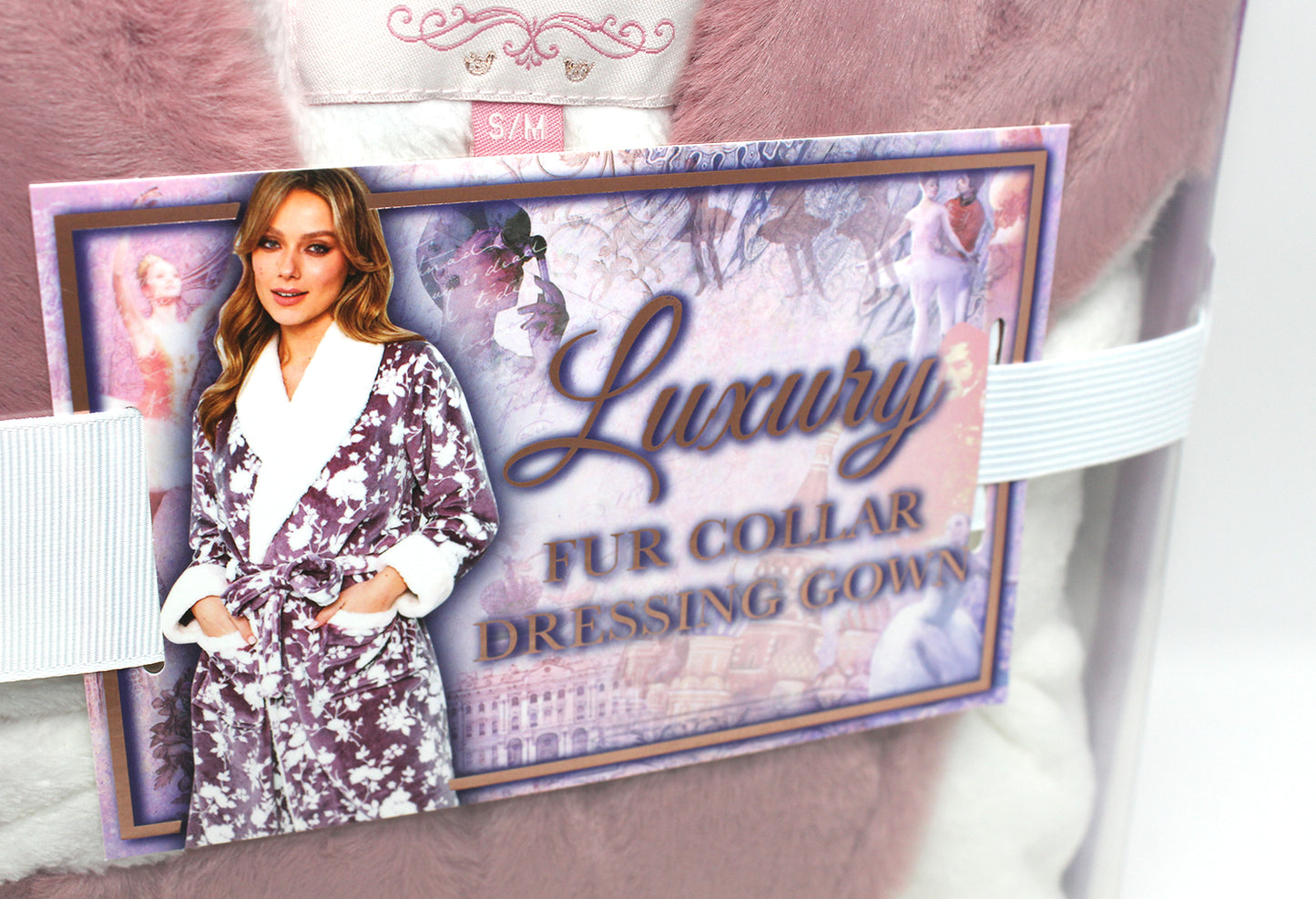 Fur Collar Dressing Gown in Mauve and Cream