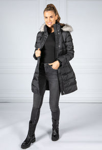 Midi Quilted Down Feather Coat with Faux Fur Hood in Black