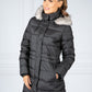 Midi Quilted Down Feather Coat with Faux Fur Hood in Black