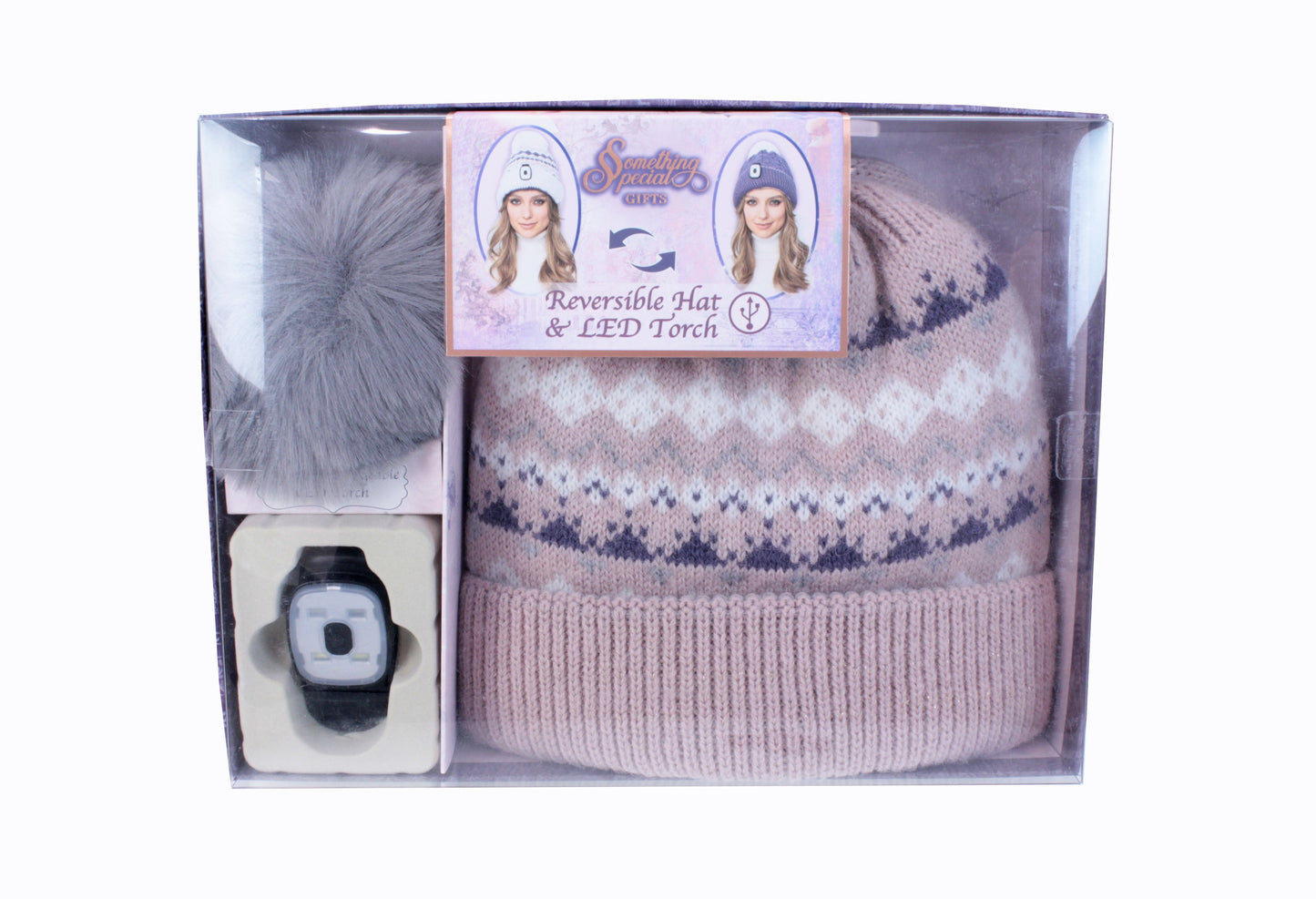 Reversible Hat & LED Torch in Mauve