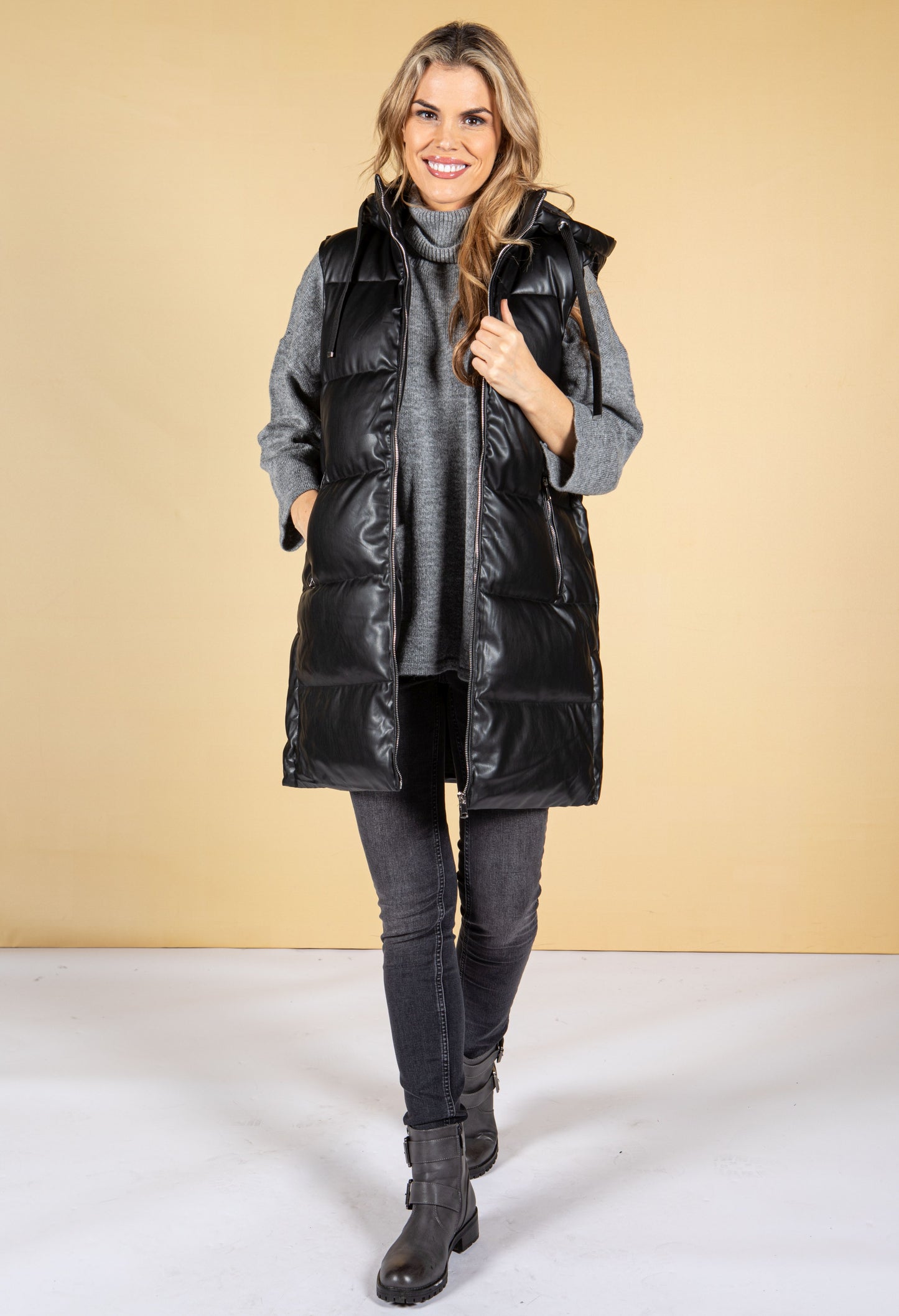 Faux Leather Gilet in Black