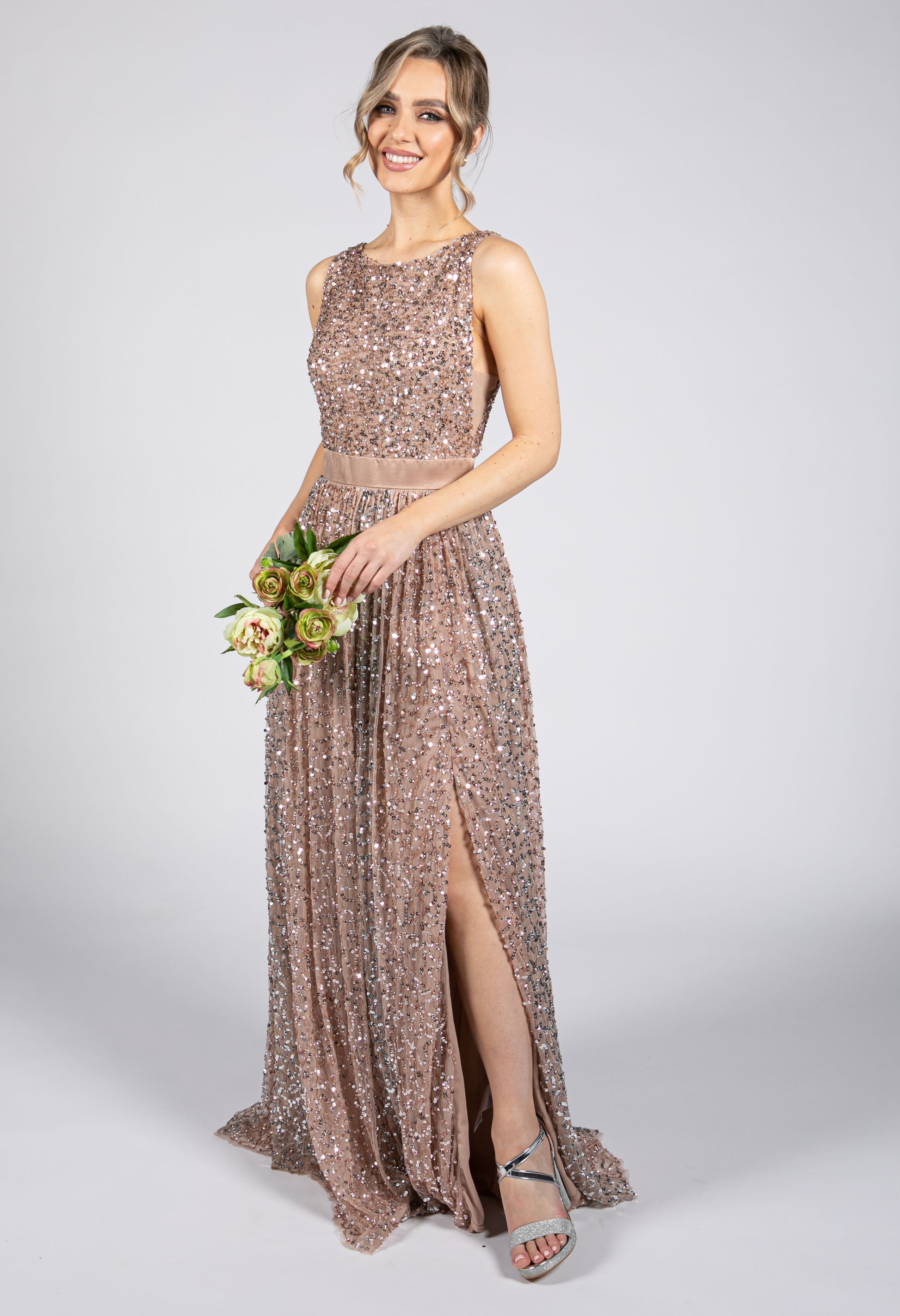 Maya Blush Full Length Sequin Dress with Leg Slit | Pamela Scott Maya Blush Full Length Sequin Dress with Leg Slit | Pamela Scott
