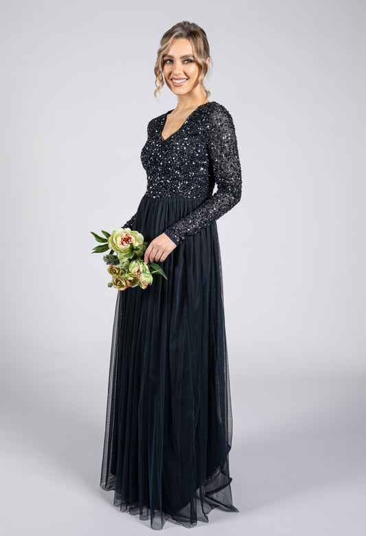 Navy Long Sleeve Tulle and Sequin Dress