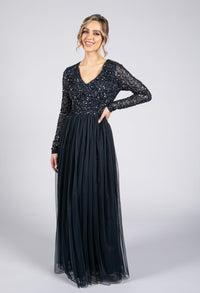 Navy Long Sleeve Tulle and Sequin Dress