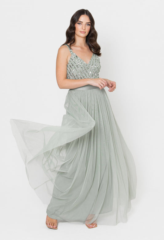 Sleeveless Stripe Embellished Maxi Dress in Green Lily