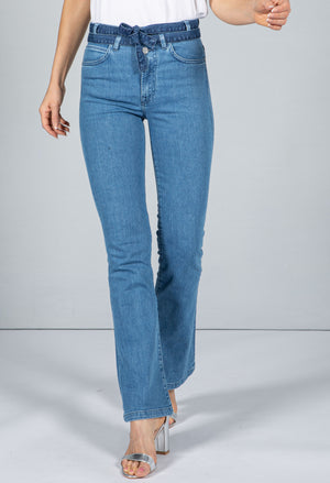 High Rise Loose Bootcut Jeans with Belt, view 2 – Pamela Scott
