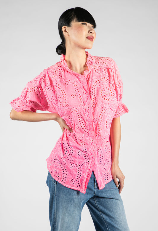 Embroidered Tie Hem Blouse in Bright Pink