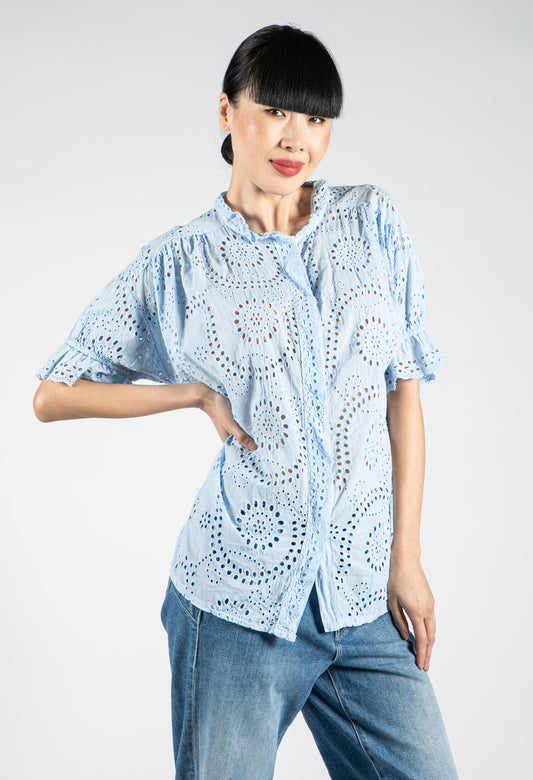 Embroidered Tie Hem Blouse in Sky Blue