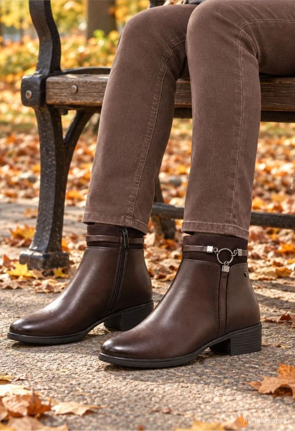 A person sitting on a park bench wearing dark brown leather ankle boots with side zippers and a decorative strap detail, paired with brown pants, with fallen autumn leaves on the ground.