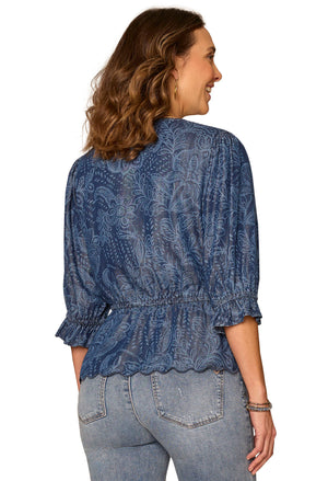 Lantern Sleeve V-Neck Printed Top