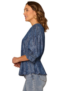 Lantern Sleeve V-Neck Printed Top