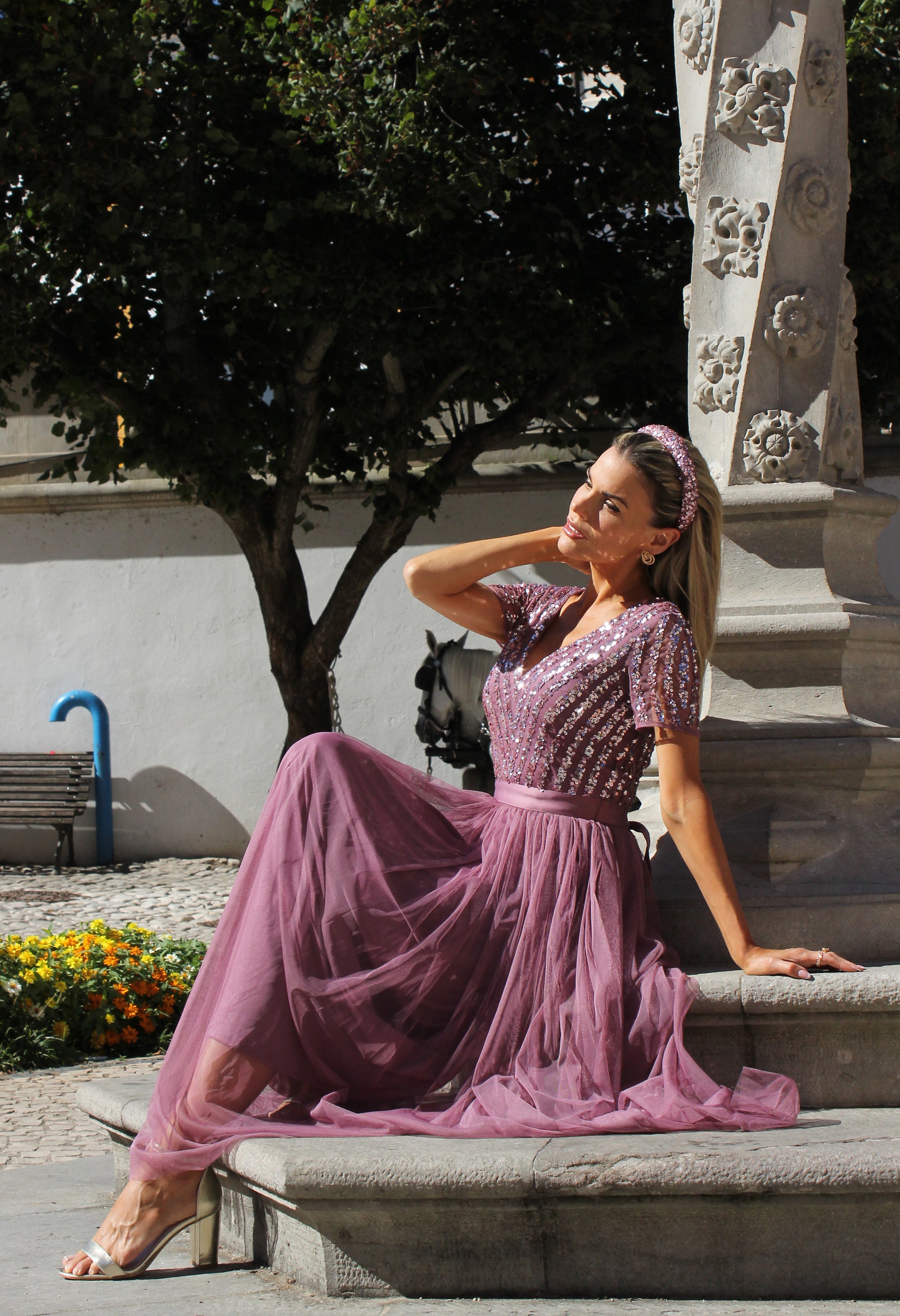 Maya Lotus Pink V NECK SEQUIN AND TULLE DRESS WITH TIE WAIST | Pamela Scott Maya Lotus Pink V NECK SEQUIN AND TULLE DRESS WITH TIE WAIST | Pamela Scott