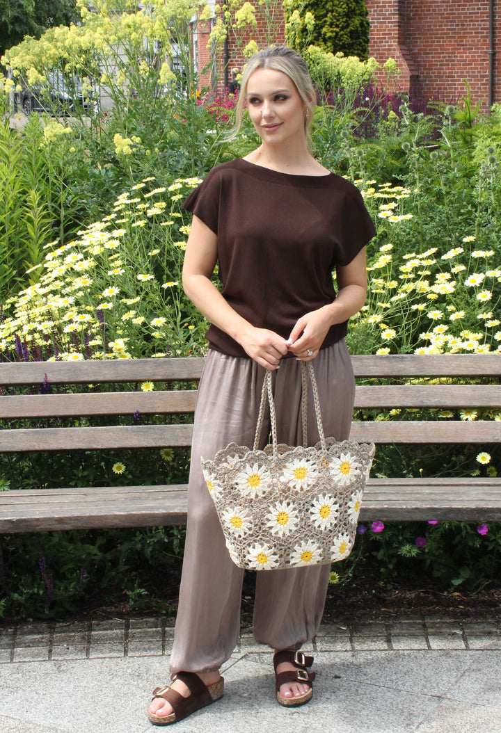 Crochet Knit Daisy Tote Bag