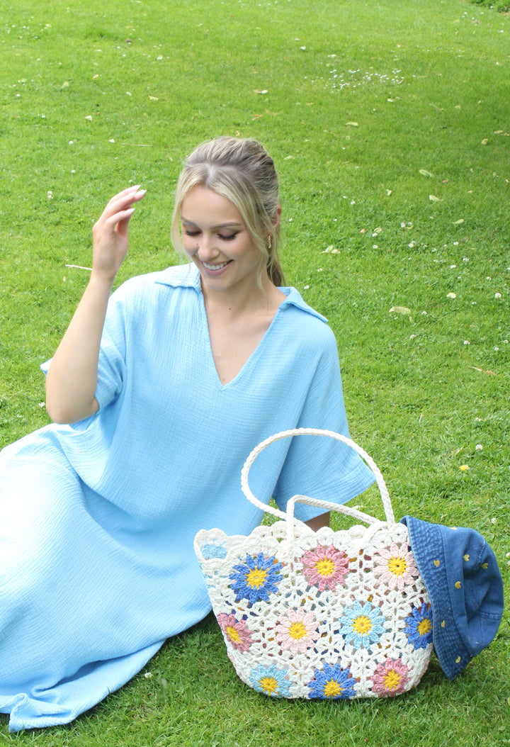 Crochet Knit Daisy Tote Bag