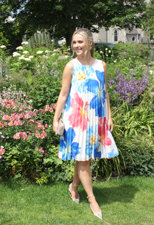 Plisse Pleated Floral Short Dress
