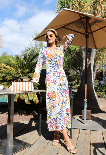Leaf Print Wrap Midi Dress